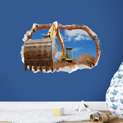 iinuu 3D Excavator Wall Decal, Construction Truck Crashing Through Wall Sticker for Boys¡¯ Room, Nursery or Playroom, Smashed Concrete Effect Wall Art