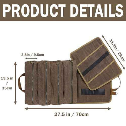 Multifunctional Tool Roll Bag | 16OZ Waxed Canvas Tool Carrier with 4 Pockets + 1 Detachable Roll - Portable Tool Organizer for Hammer Wrench Chisel | 27.5"x13.5" | Grey