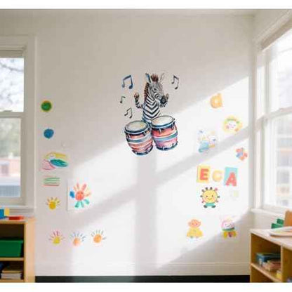 Zebra Play Drum Decal Wall Stickers, Fun Animals Decor Music Vinyl Waterproof Peel Removable Wall Decor for Nursery Kids Baby Bedroom Preschool Playroom Classroom