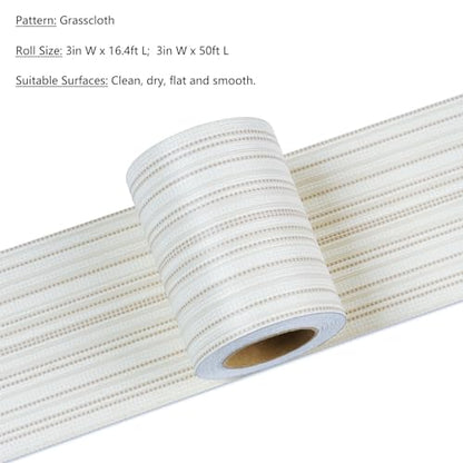 LACHEERY Off White Bulletin Board Border Wallpaper Peel and Stick Border Trim Beige Fabric Removable Mirror Frame Borders Peel and Stick Striped Grasscloth Wall Paper for Bulletin Board Walls 3"x197"