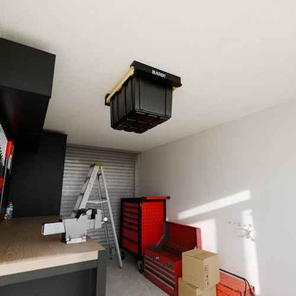 USA Based Overhead Garage Storage Rack, Connectable Heavy Duty Metal Ceiling Rails Garage Storage Organization Shelving System, Hanging Racks Tote Containers, Supports Up To 1 Bin, 1 Set Black