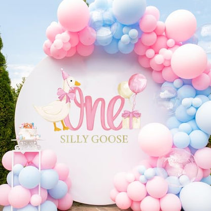 One Silly Goose Party Decal Sign Pink First Birthday Wall Sticker Pink Bow Goose Sweet Party Backdrop Photo Prop for 1st Girl Birthday Balloon Arch