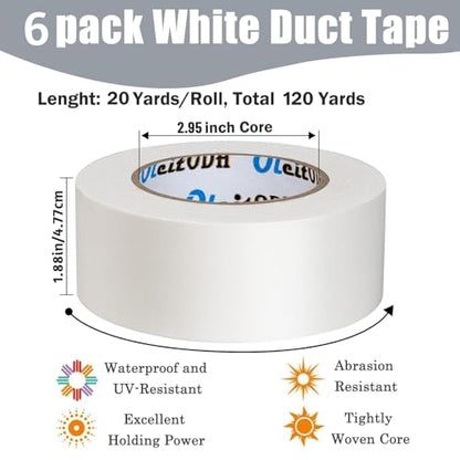 6 Pack White Duct Tape Heavy Duty Bulk 1.88 inch x 20 Yards,Strong No Residue All-Weather Duct Tape, Waterproof, Tear by Hand, Multi-Use for Indoor & Outdoor Repairs, Industrial, Professional Use