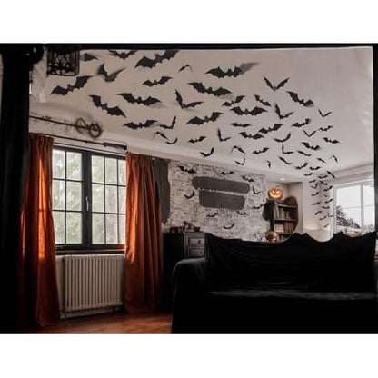 Bat Wall Stickers: Halloween Party Decorations Indoor & Outdoor - 84 pcs Reusable PVC 3D Black Bats for Halloween, Eve Party, Ghost Festival Decor