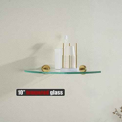 JQK Corner Glass Shelf, Brushed Gold Bathroom 304 Stainless Steel Shower Triangle Floating Wall Shelf, 10 x 10 Tempered Glass, 3 Pack, TGS190L10-BG-P3