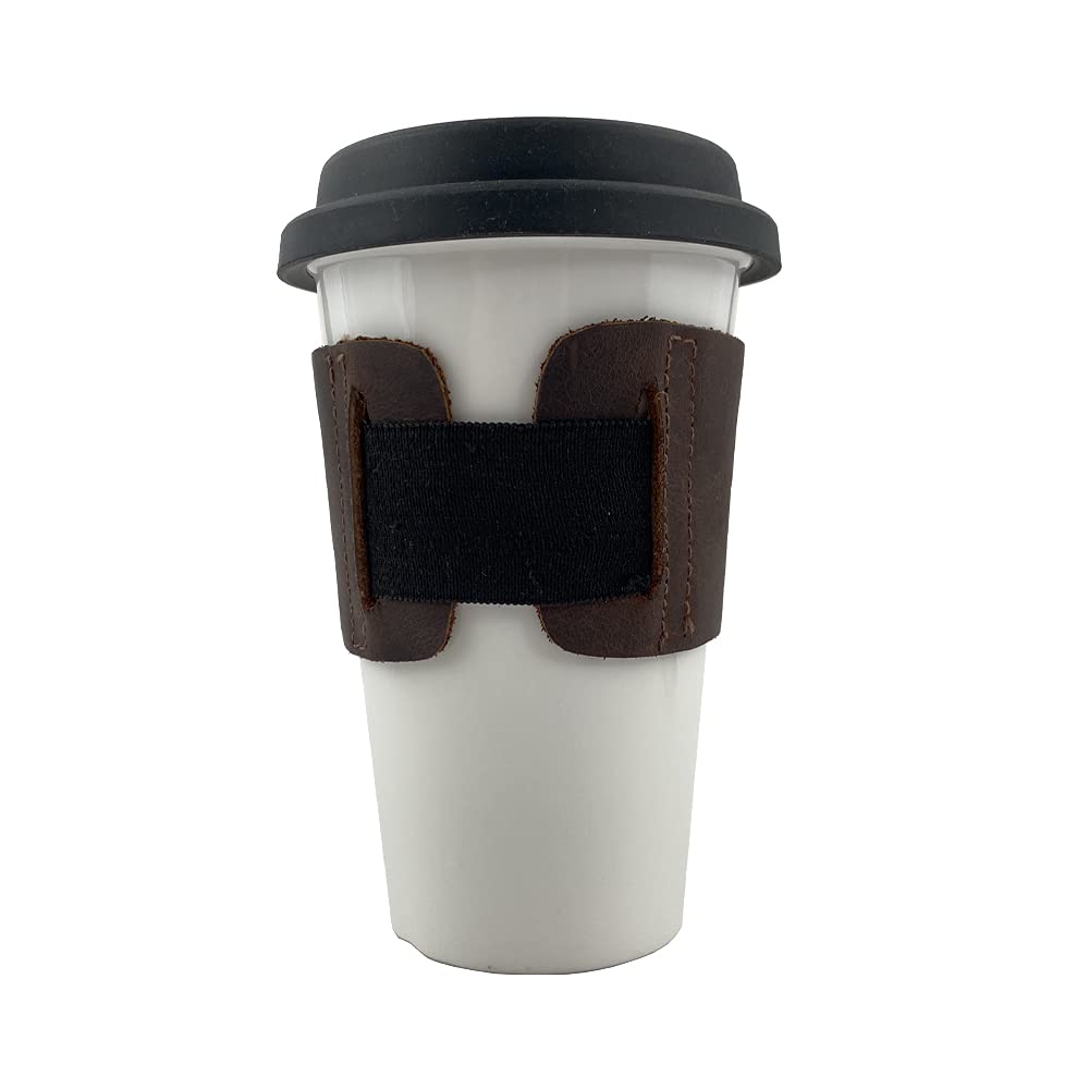Hide & Drink Rustic Leather Reusable Coffee & Tea Grip Sleeve, Insulator, Hand Protector & Drink Grip for Paper Cups Handmade (Bourbon Brown)