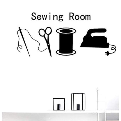 BIBITIME Sewing Room Needle Thread Scissors Wall Decals Tailor's Shop Dress Cloth Store Window Sign Vinyl Sticker Home Art PVC Murals Living Room Women Bedroom Decor (Black, Sheet 15.7" x 35.4")