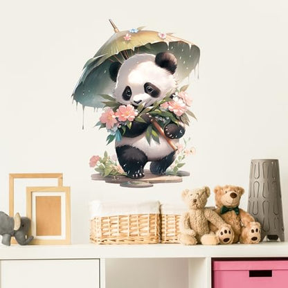 Panda & Bamboo Umbrella and Flowers Wall Stickers Nursery Animal Wall Decals for Kid Removable Peel and Stick Wall Art Home Decor Decoration for Classroom Preschool Living Room Bedroom