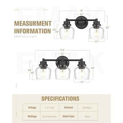 Emak Modern Black Bathroom Lights, Farmhouse Vanity Lighting Fixtures with Clear Glass Shade, 2-Light Vanity Lights for Bathroom, Makeup Desk, Mirror, VL122-BK-CG-2