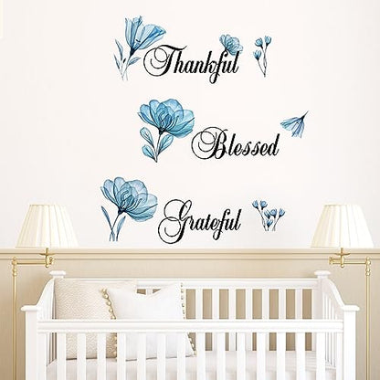 ADECALS Thankful Grateful Blessed Motivational Wall Sticker Blue Flower Butterfly Peel and Stick Wall Art Decor Home Famiy Inspirational Stickers Decor Quotes