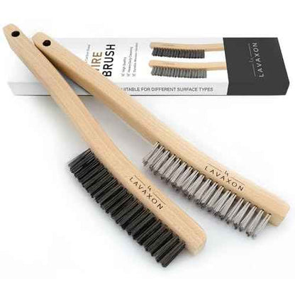 Wire Brush Set-Heavy Duty Stainless & Carbon Steel Bristles with Wood Handle Grip for Rust, Wielding Slag, Dirt & Paint Scrubbing with Deep Cleaning ? 14 Inches (Pack of 2)