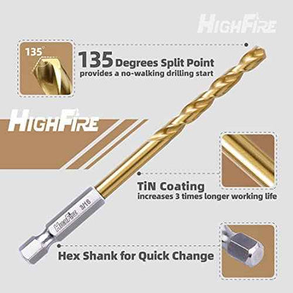 HIGHFIRE 10 Pieces Hex Shank Drill Bit Set for Impact Driver, 3/8¡° HSS Twist Titanium Drill Bits for Metal, Hex Drive Quick Change Drill Bits Set