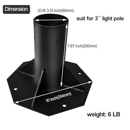 Outdoor Light Post Base for 3 inch Surface Mount Post, Heavy Duty Metal Flange Anchor Base, Black Pier Mount Adapter with Accessories, Used for Patio Outside Deck Yard Home Lawn (10-inch mount base)