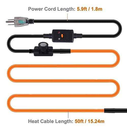 50FT Heat Tape for Water Pipes Freeze Protection IP65 Waterproof 7W/FT 110V BDDFOTO Heat Cable With GFCI Protection and Thermostat,Self-Regulating Pipe Heater for Roof/RV/Water Storage Tank