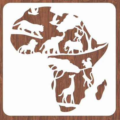 INFUNLY Africa Map Wall Stencil Africa Animals Wall Stencils for Painting 11.8X11.8 inches Reusable Africa Map Tile Stencil with Animals Pattern Elephant Lion Forest Drawing Stencils for Home Decor