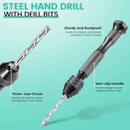 Hand Drill Set for Resin Crafts, Pin Vise Jewelry Making Kit with 10 Drill Bits, 600 Eye Screws, 15 Keychain Rings ? Push Drill Tool for Epoxy, Molds, DIY Projects (Pin Vise Hand Drill Set - 1)