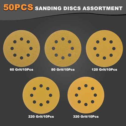 50Pcs 5-Inch Premium Sanding Discs Hook & Loop 8-Hole:60-320 Assorted Grit Round Sandpaper for Random Orbital Sander Woodworking Finishing/Automotive Polishing/Metal Sanding