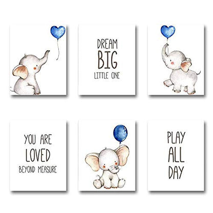 Set of 6 Unframed Baby Boy Wall Art Prints, Blue Elephant Wall Decor with Balloons for Boy's Room (8" x 10")