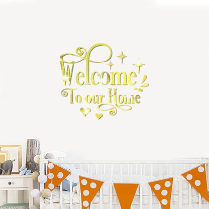 INCAUCA Welcome to Our Home Wall Decor Sticker, Home Acrylic 3D Mirror Wall Decal, Removable Art Letter Sign, Wall Door Quote Decoration DIY for Living Room Bedroom Sofa TV Background (Silver)