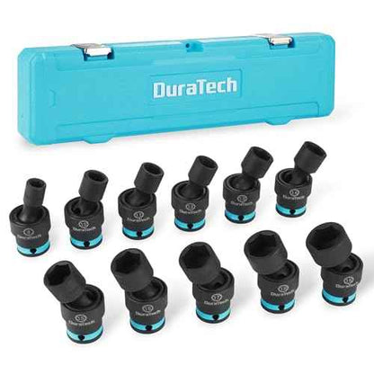 DURATECH 3/8" Drive Impact Swivel Socket Set, 11-Piece Shallow Wobble Socket Set, Metric, Cr-Mo Steel, 6 Points, Organized in Sturdy Storage Case(8-19mm)