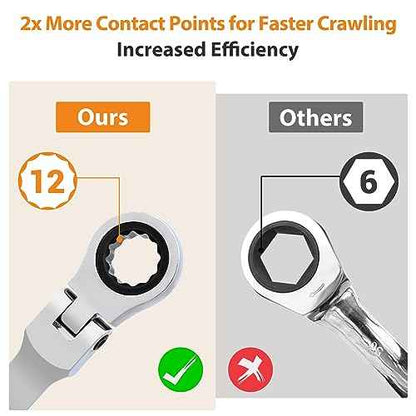 B4B BANG 4 BUCK 1/4 Wrench, Flex-Head Ratcheting Combination Wrench Industrial Grade 72 Teeth 12 Point Ratchet Box Ended and Open End Spanner Tools, SAE