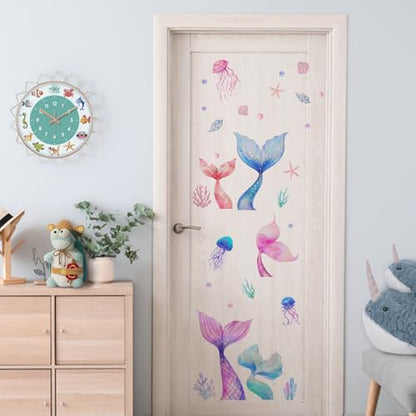 Yovkky Girls Mermaid Tail Wall Decals Stickers, Under The Sea Ocean Jellyfish Pearl Toddler Baby Nursery Decor, Beach Coastal Conch Coral Starfish Home Decorations Kids Bedroom Playroom Art