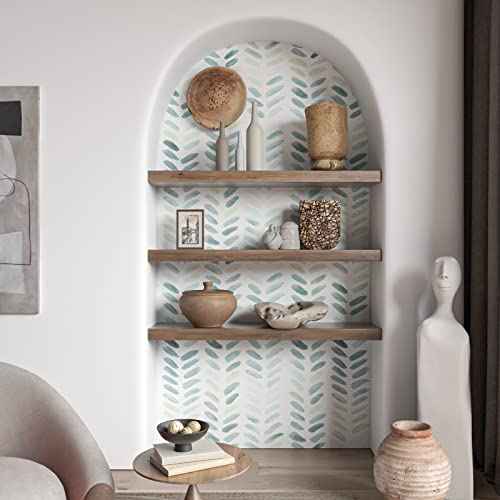 Sevalo Green and White Wallpaper Peel and Stick Wallpaper Boho17.3inW 591inL Contact Paper for Cabinets Green Herringbone Contact Paper Self-Adhesive Removable Bedroom Bathroom Waterproof Teal Kids