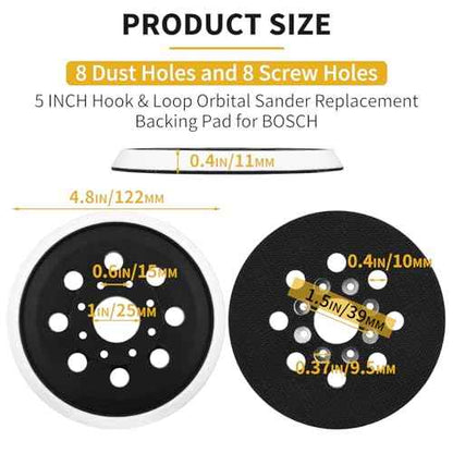 5" Hook & Loop Replacement Sander Pad RS034 & RS035 Compatible with Bosch Random Orbital Sander ROS20 ROS20VS ROS20VSC ROS20VSK GEX12V GEX18V ROS10, 5 Inch 8 Holes Hard Sand Backing Pad