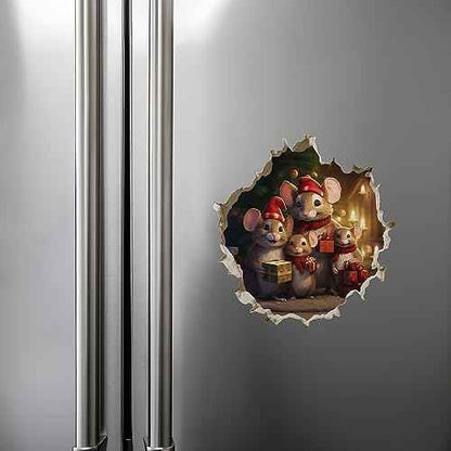 Christmas Family Mouse Hole Decal - Holidy Mice Sticker with 3D Effect