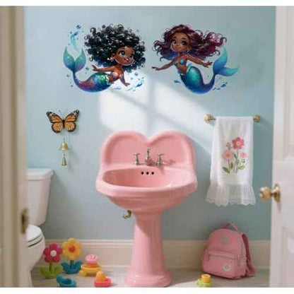 Black Mermaid Wall Decals, African American Girl Bedroom Wall Stickers,Waterproof Vinyl Removable Wall Decor for Black Baby Girl Nursery Kids Teens Room Home