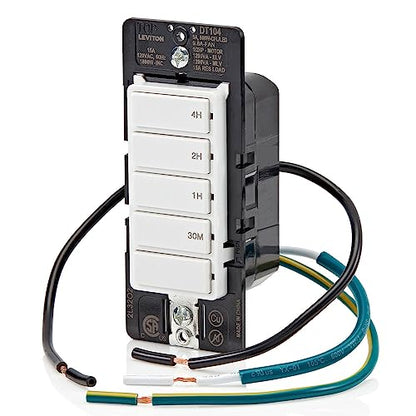 Leviton Countdown Timer Switch for bathroom fan and household lights, 5-10-15-30 min, No Neutral Required, Single Pole, 15A, 1/2 HP/9.8A Fan/Motor, DT130-1LW, White