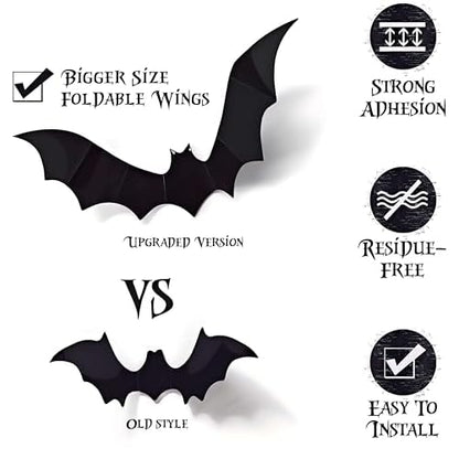 Bat Wall Stickers: Halloween Party Decorations Indoor & Outdoor - 84 pcs Reusable PVC 3D Black Bats for Halloween, Eve Party, Ghost Festival Decor