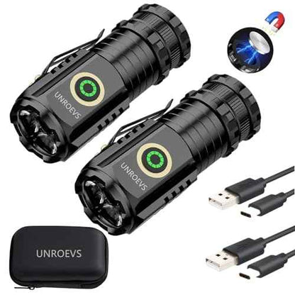 Mini Flashlight 2550 Lumens Rechargeable USB C Charging, Small Flashlights High Lumens 5 Modes, Pocket Flashlight with Clip, Magnetic Flashlight for EDC,Camping, Hiking,Emergency(2 Pack)