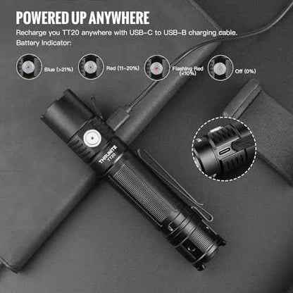 ThruNite TT20 Tactical Flashlight, 2010 Lumens, 305m Beam, Rechargeable LED, Dual Switch, USB-C, Compact EDC Light for Hunting,Hiking,Outdoor Use-Black CW