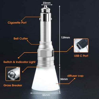 Small Flashlight Rechargeable with Diffuser 12 Volt Car Cigarette Lighter & USB C Charge for Auto Vehicles Emergency, Car Escape, Outdoors, Daily Use