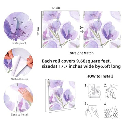 Large Floral Peel and Stick Wallpaper Modern Self-Adhesive Vinyl Contact Paper Removable & Renter-Friendly for Cabinets Drawers & Prepasted Lavender Wallpaper 17.7" x 78.7"