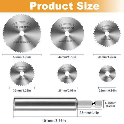 FOTYBEl Cutting Wheel for Drill, Rotary Tool Cutting Discs with 6pcs Steel Saw Blades, 1pc 1/4" Hex Long Shank, Power Rotary Tool Accessories for Cutting PVC Pipe Wood Plastic Soft Metal