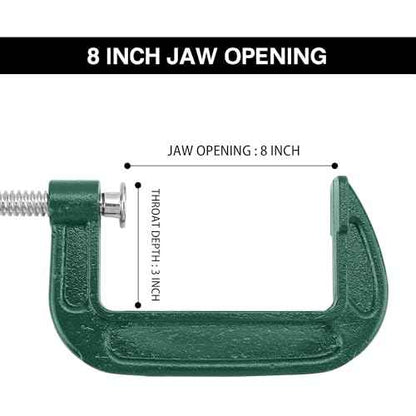 2 Pack C Clamp, 8 Inch Heavy Duty Steel C Clamps Set, Green Industrial Strength C Clamp for Woodworking, Welding, Building, Metal Workpiece