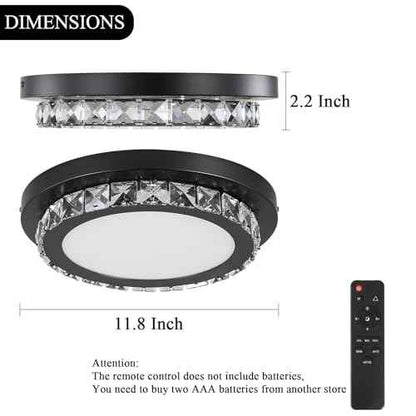 Dimmable LED Flush Mount Ceiling Light Fixture with Remote Control,12Inch 24W 3000K-6500K Color Adjustable,Modern Black Crystal Flush Mount Chandelier Ceiling Lamp for Bedroom Kitchen