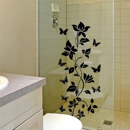 Black Vine Flower Butterfly Wall Stickers, sacinora Simplicity Floral Art Wall Decals Removable Vinyl Peel and Stick for Bathroom Living Room Bedroom Home Decorations