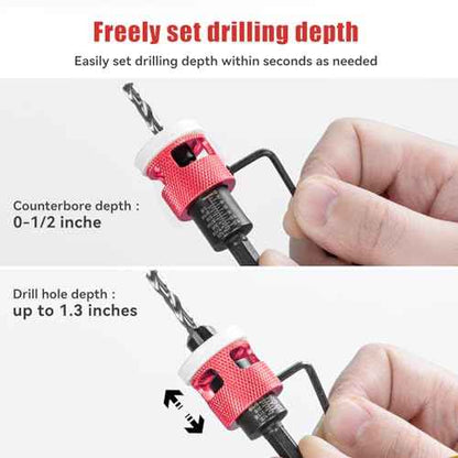 15 Pcs Countersink Drill Bit Set with Low Friction Depth Stop, HSS M2 Bits Tapered Head1/8 9/64" 5/32" Drill+3/8¡± 82¡Æ Counter-Bore,11/64" 3/16" Drill+ 1/2" 82¡Æ Counter Bore,1/4¡± Hex Shank(Red)