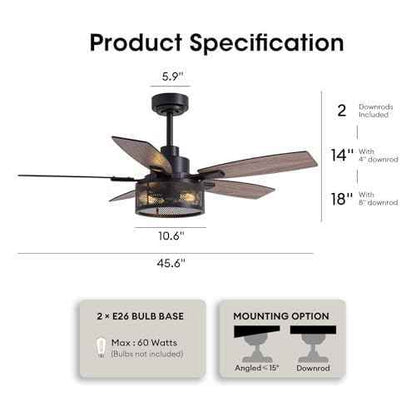 46 Inch Ceiling Fans with Lights and Remote Control, Farmhouse Ceiling Fan for Bedroom Living Room and Patio, Black Caged Ceiling Fan for Indoor and Outdoor