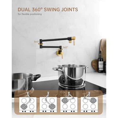 Fransiton Black & Gold Pot Filler, Pot Filler Faucet Wall Mount, Brass Folding Stretchable with Double Joint Swing Arm Single Hole Two Handles Kitchen Restaurant