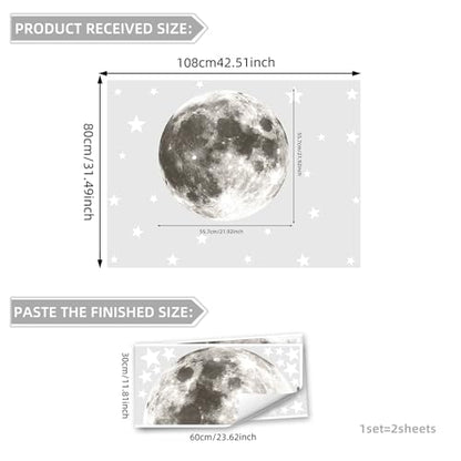 Full Moon Wall Decor Silver Star Wall Decals Peel and Stick Vinyl Space Wall Stickers & Murals Removable Boy Nursery Decor for Kids Girls Bedroom Playroom Living Room Classroom Kindergarten