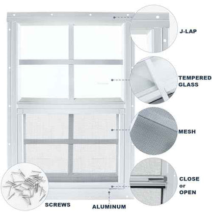 12" x 18" Shed Window, 2 Pack White Flush Mount Household Windows with Tempered Glass and Fiberglass Screen for Shed, Garage, Chicken Coop, Playhouse, Small Tiny House