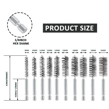10 Pcs Stainless Steel Wire Brush Set, Bore Brush Set with 1/4 Inch Hex Shank, Power Drill Attachments for Rust Polish & Tube Cleaning (8/10/11/12/13/15/16/17/18/19mm)