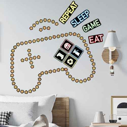 Glow in The Dark Neon Game Wall Stickers, EAT Sleep Game Repeat Wall Decals, Luminous Stars Gaming Boy Room Decor, Kids Bedroom Playroom Nursery Party Decorations
