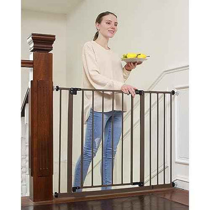 InnoTruth 28.9-42.1" Baby Gate with Door for Dogs, 30" Tall Pressure Mounted Dog Gates for The House Expandable One-Hand Open, Easy Step Walk Through Dual Lock Durable Metal Safety Pet Gates, Brown