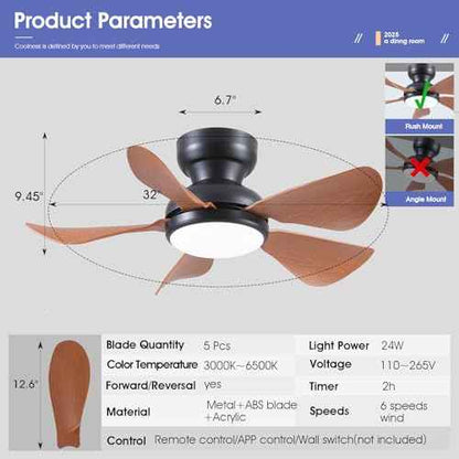 32 Inch Modern Ceiling Fans with Lights, Small Flush Mount Ceiling Fan with Light and Remote/APP Control, 5 Reversible 6 Speeds Curved Blades, 3 CCT Dimmable Lights for Kids Room, Brown