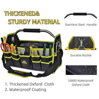 16" Open Top Tool Tote, 1680D Durable Tool Organizer for Plumber, Electrician, HVAC Technicians. Trade Professionals Tool Bag, Tool Bag with Detachable Strap (Yellow with SS Handle, 16 Inches)